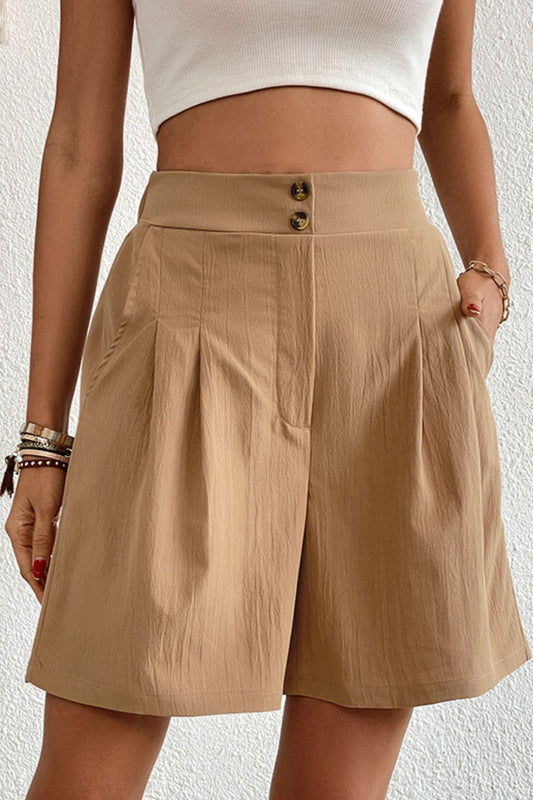 Perfee Buttoned Elastic Waist Pleated Detail Shorts Khaki