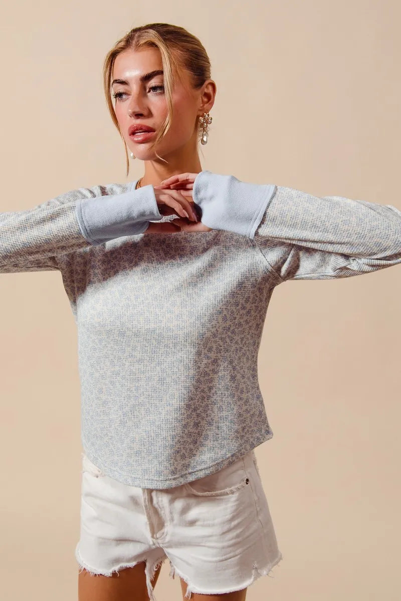 SO ME Textued Floral Knit Top with Contrast Cuffs DUSTY BLUE IVORY