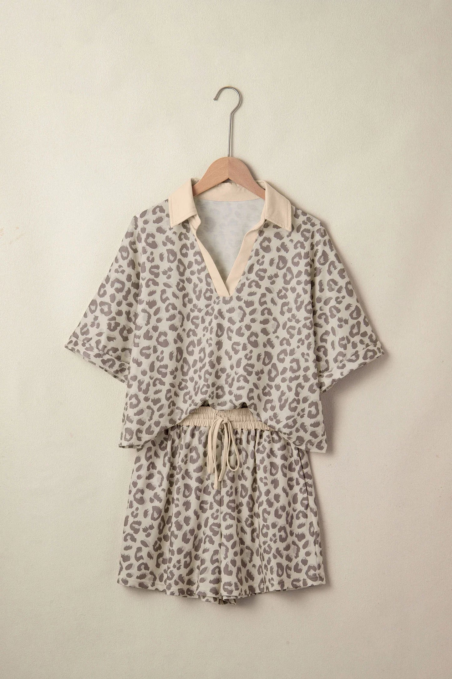 Leopard Collared V-Neck Top & Shorts Set