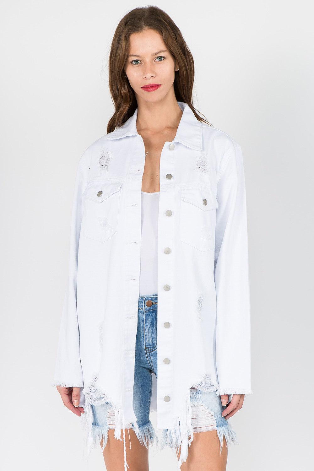 American Bazi Distressed Frayed Hem Denim Jacket White