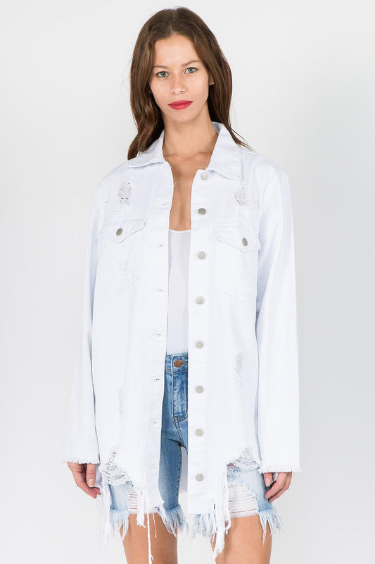 American Bazi Distressed Frayed Hem Denim Jacket White