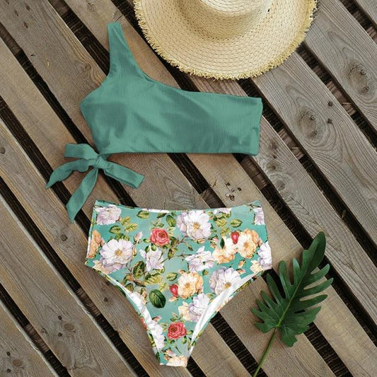 Bikinis Women New One Shoulder Swimwear High Waist Swimsuit Bandage Bathing Suits Beach Wear Female Lace Two Piece Swim Dress with Bikini Bottom Bathing Suits