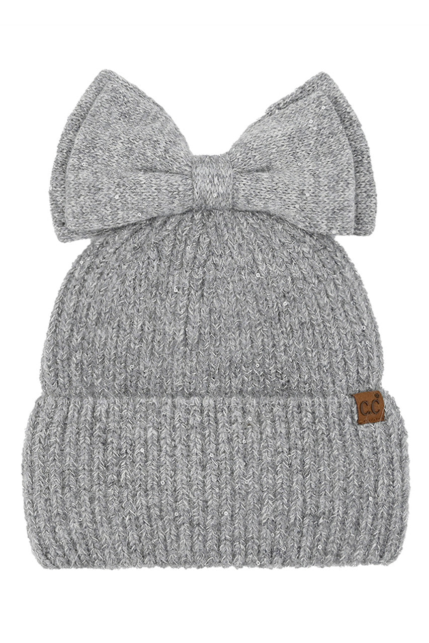 C.C Messy Bun Bow Beanie with Sequins Winter Hat