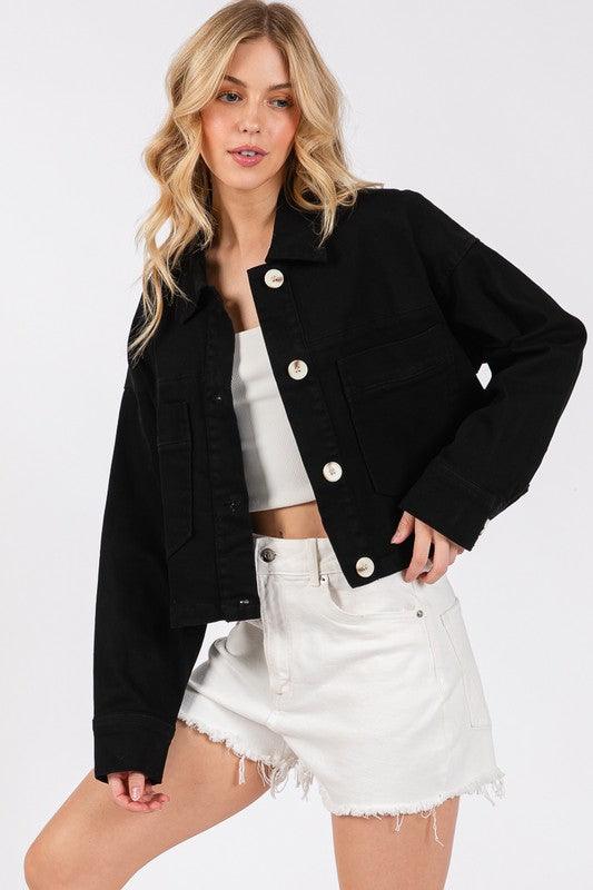 bytos Button Down Cropped Denim Jacket with Patch Pockets Black