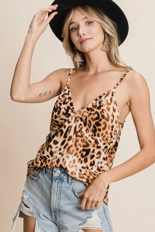 BiBi Leopard Printed Gauze Knit Twist Front Detailed Cami KHAKI