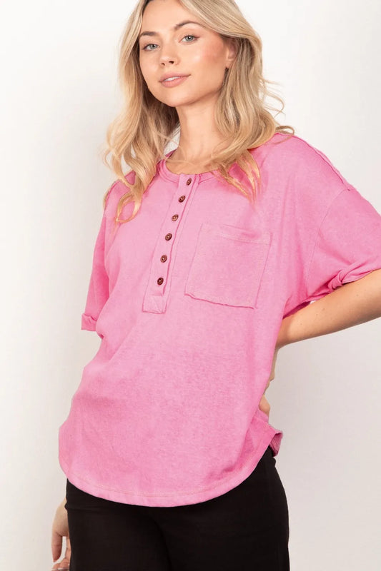 VERY J Twisted Sleeve Band Half Button Top Pink