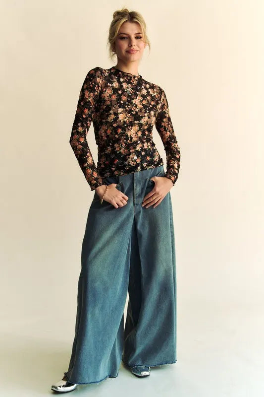 Davi & Dani Floral Print Mesh Long Sleeve Layering Top