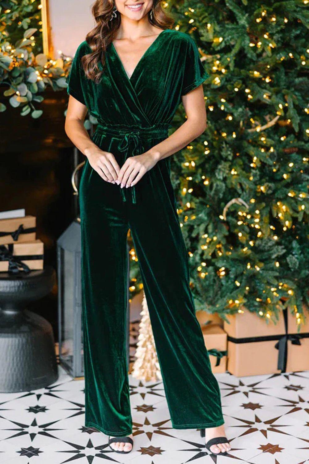 Drawstring Surplice Short Sleeve Jumpsuit Dark Green