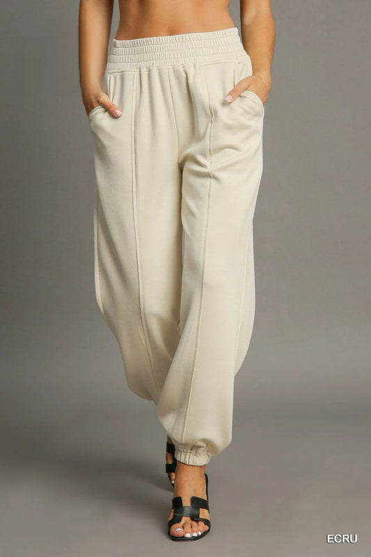 Umgee Drawstring Jogger Pants with Front Seam Detail ECRU