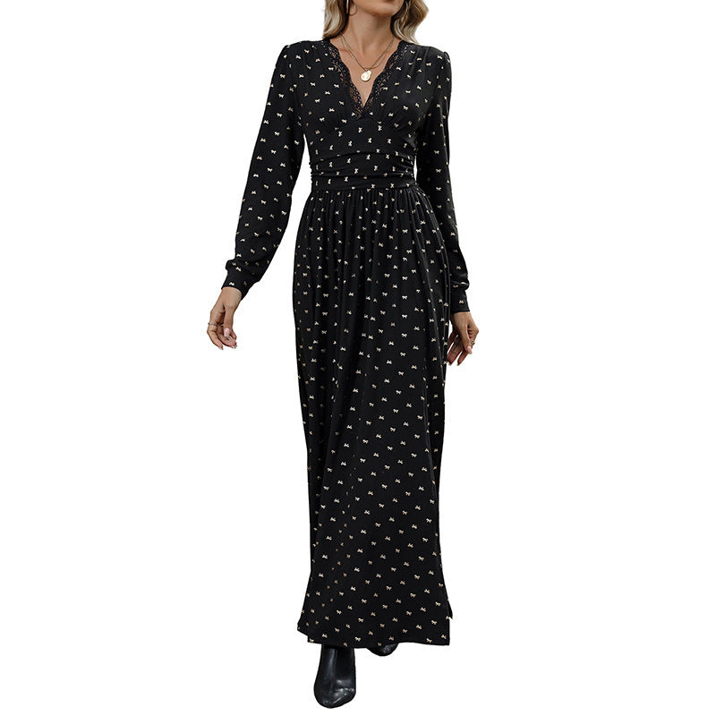 Elegant Retro Lace V-neck Bow Print Dress