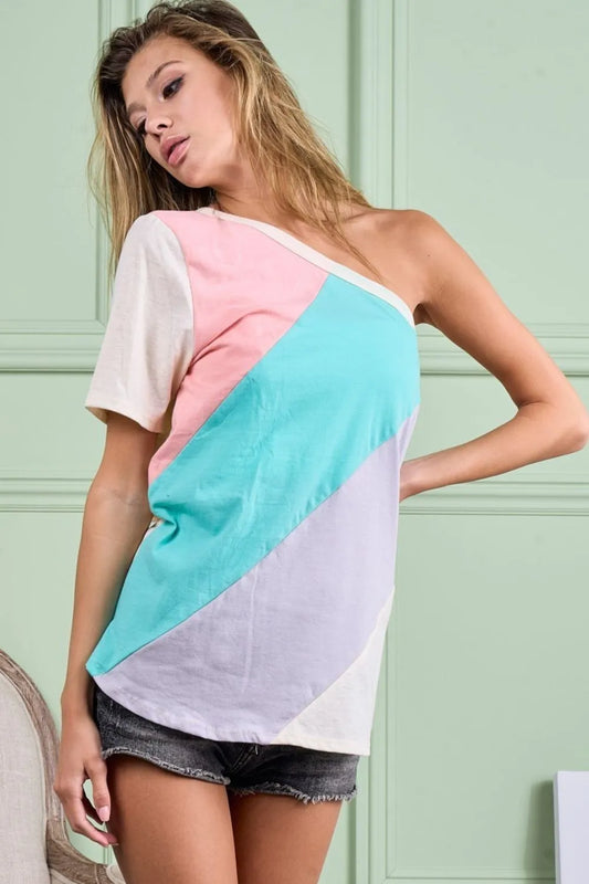 BiBi Cotton Color Block One Shoulder Top PEACH MINT GREY