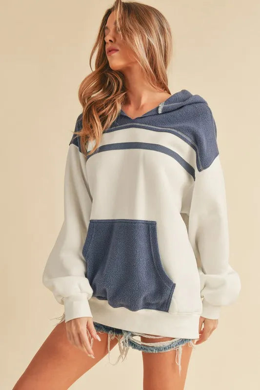 Aemi + Co Color Block Drop Shoulder Hoodie with Kangaroo Pocket