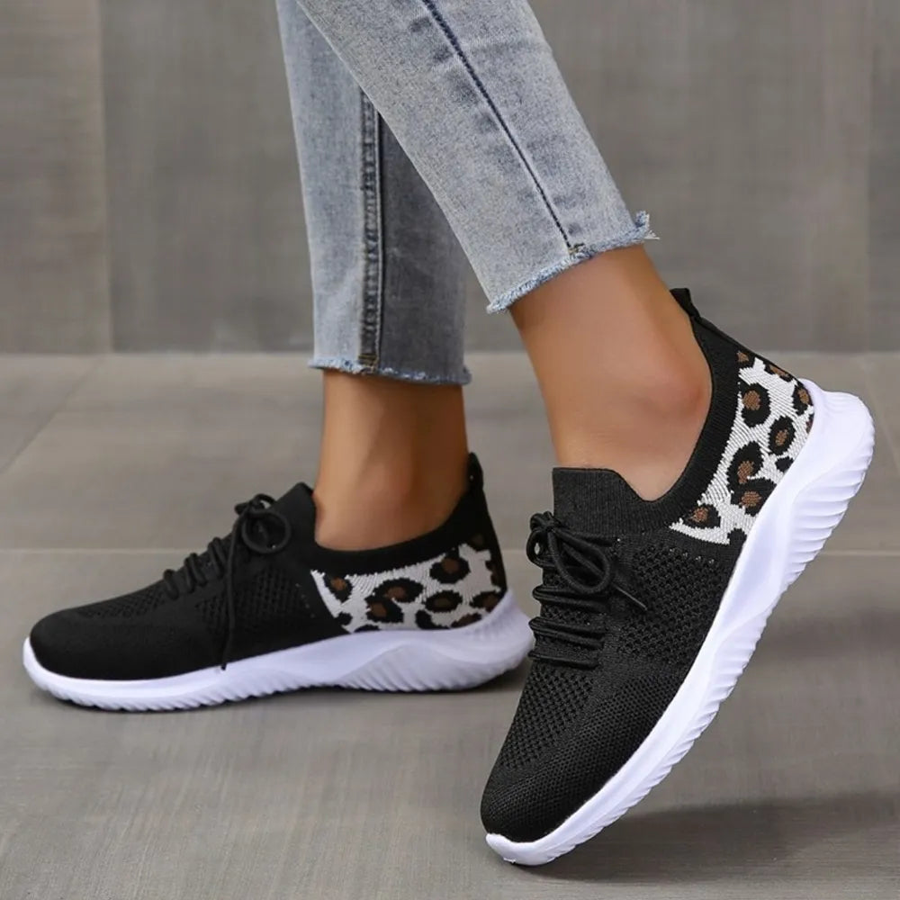 Leopard Breathable Mesh Lace Up Athletic Black