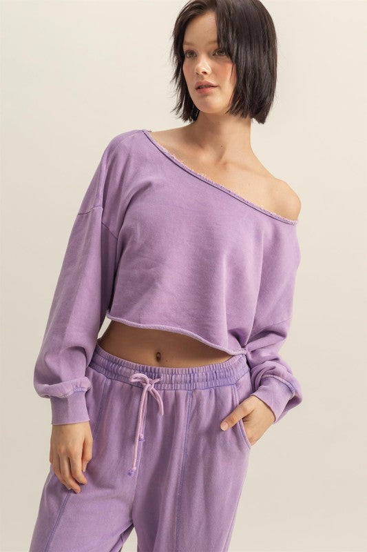HYFVE Frayed Detail Boat Neck Long Sleeve Crop Top Lilac