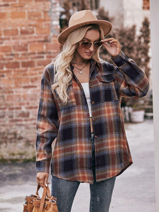 Mandy Plaid Dropped Shoulder Longline Shirt Brown Black