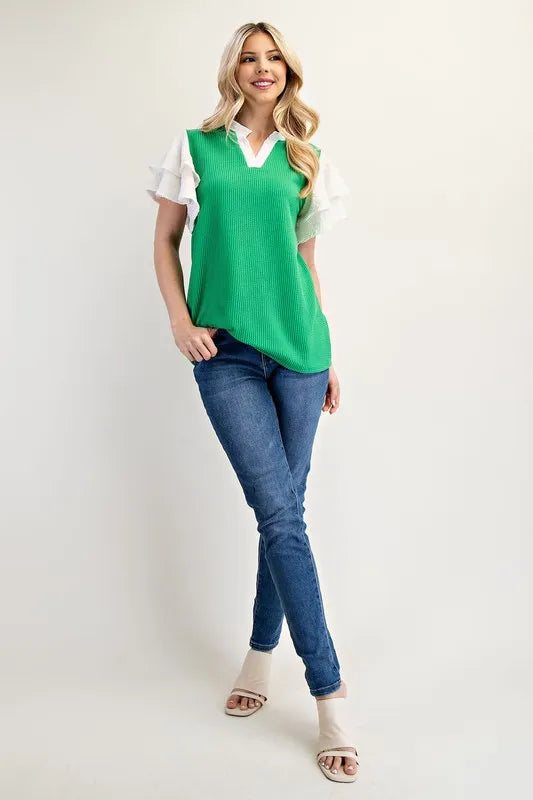 Celeste Full Size Solid Color Top with Ruffle Layered Sleeves Plus Size GREEN