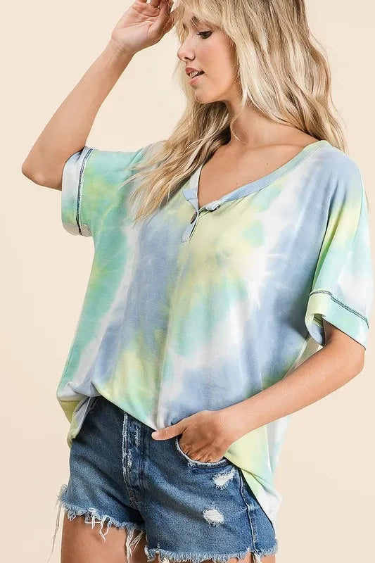 BiBi Tie Dye French Terry Top With Buttoned Placket