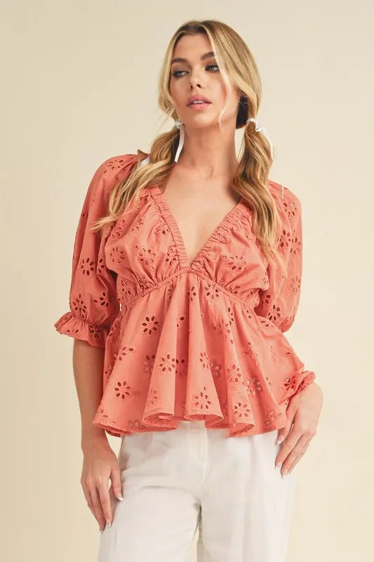 Aemi + Co Eyelet Embroidered V-Neck Half Sleeve Peplum Blouse