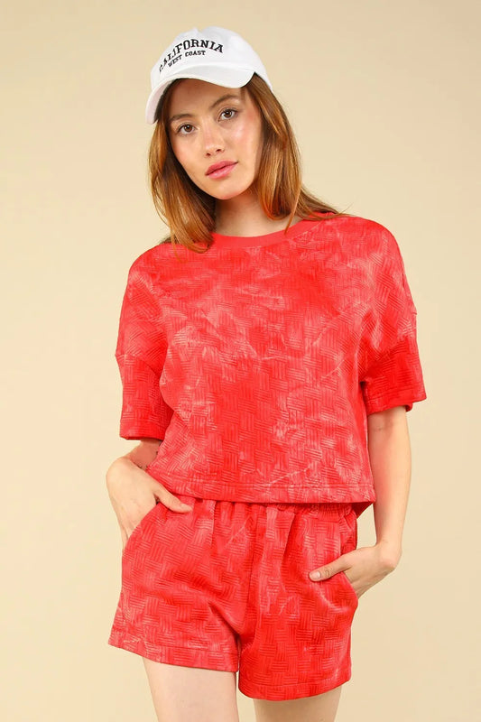 VERY J Quilted Washed Crop Top and Shorts Set Scarlet