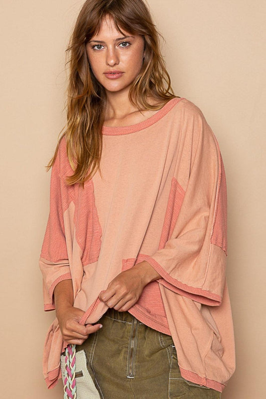 POL Frayed Edge Patchwork Oversized T-Shirt Brick