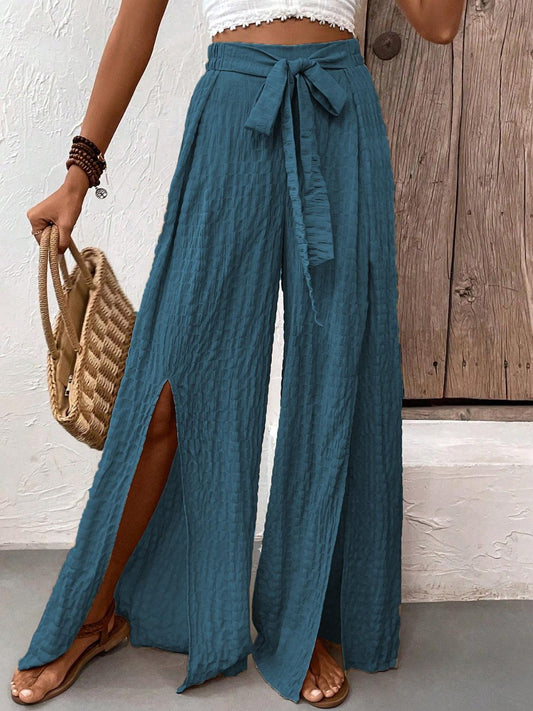 Honey Tied Slit Wide Leg Pants French Blue