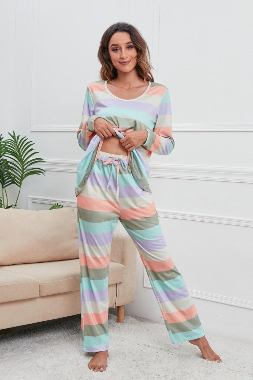 Striped Round Neck Long Sleeve Top and Drawstring Pants Lounge Set Light Blue