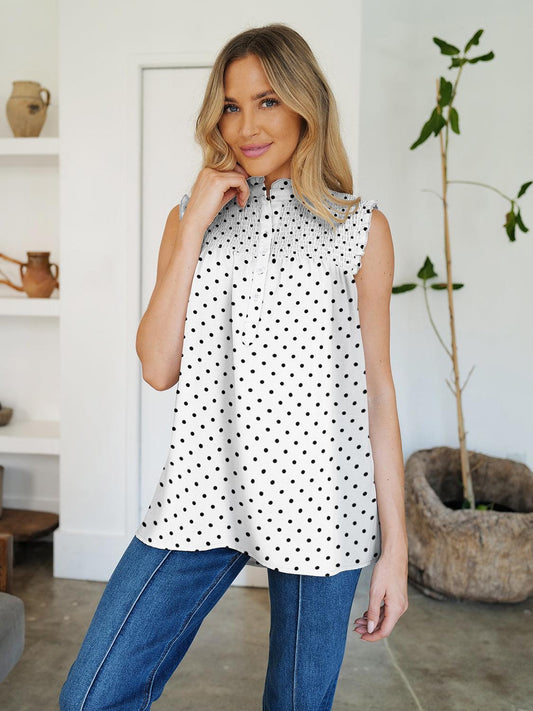 Frill Printed Mock Neck sleeveles blouse in Polka Dot, Striped, and Floral White