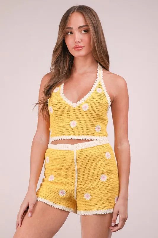 VERY J Floral Crochet Top and Shorts Set Yellow