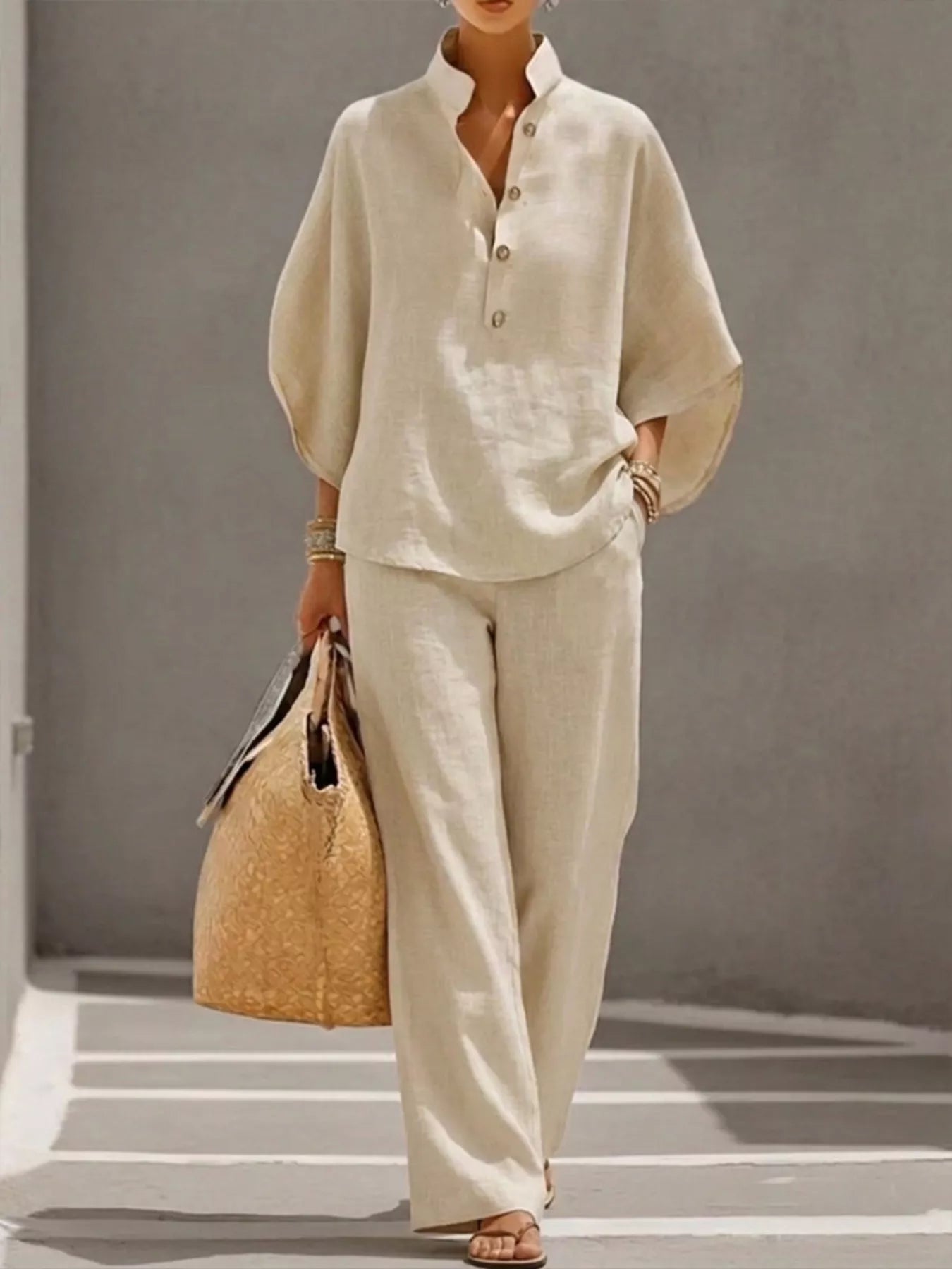 Full Size Button Detail 3/4 Sleeve Top and Pants Set Plus Size