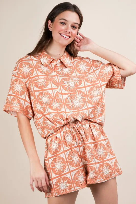 VERY J Tropical Printed Shirt Top & Shorts Set Taupe