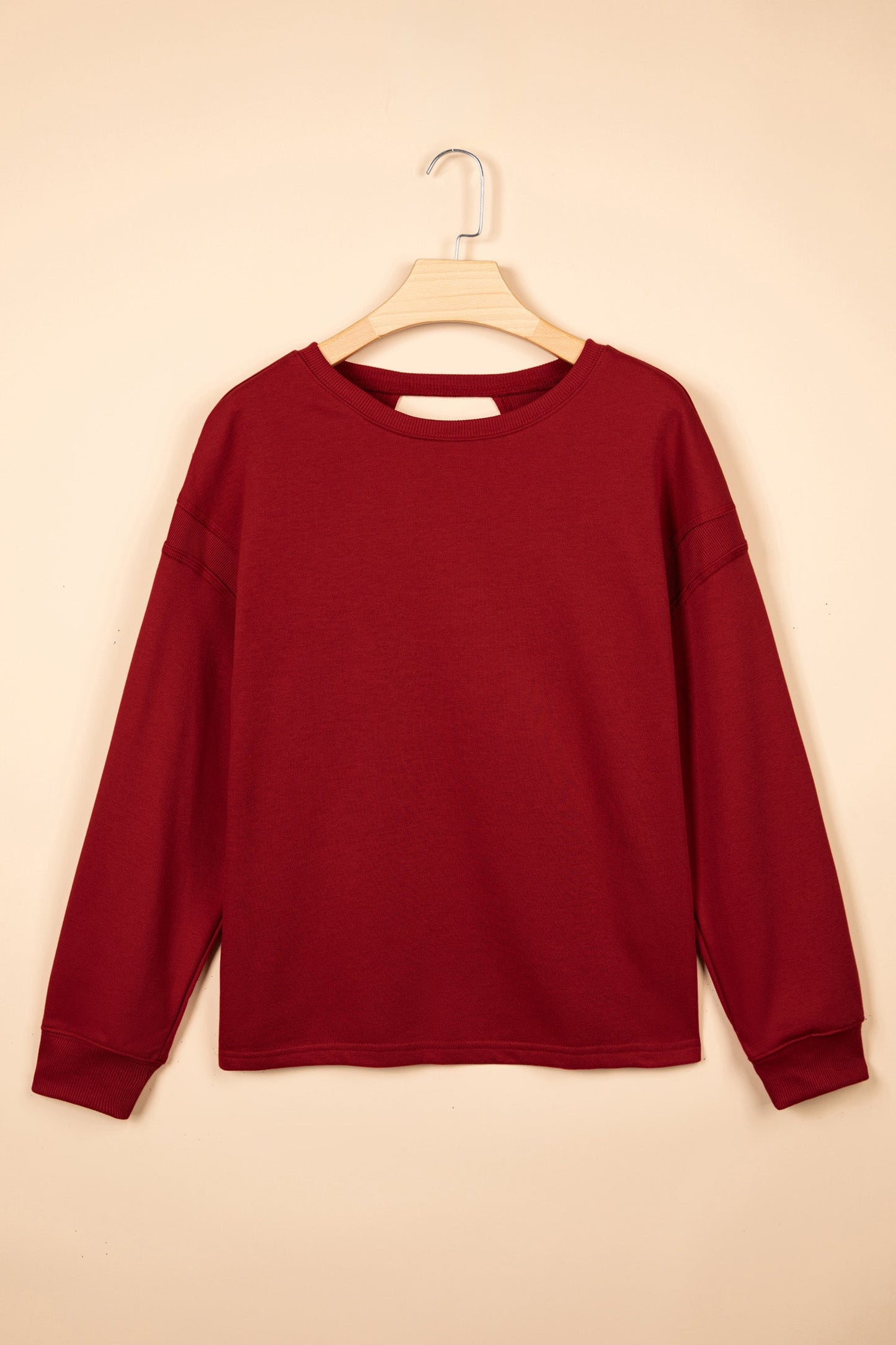 Solid Ribbed Long Sleeve Drop Shoulder Cutout Back Sweatshirt