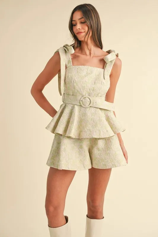 MABLE Jacquard Floral Peplum Top and Flare Shorts Set Sage Blush
