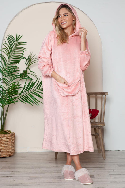 Double Take Full Size Pocketed Hooded Midi Lounge Dress Dusty Pink