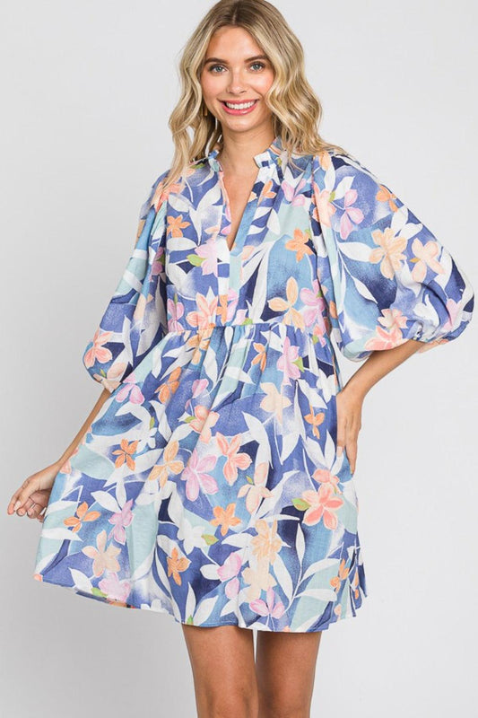 GeeGee Floral Print Mini Dress Blue Multi