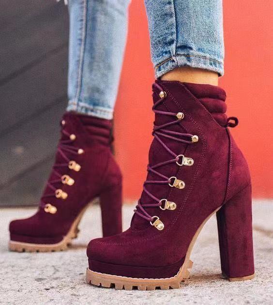 Heeled Boots For Women – Round Toe Lace Up High Heels Mid Calf Boots