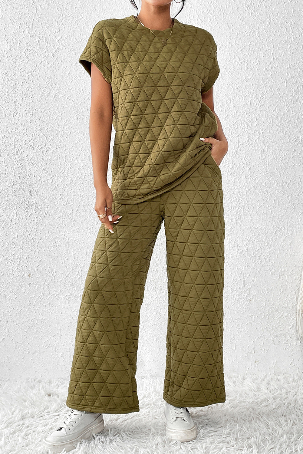 Short Sleeve Top and Pocketed Pants Lounge Set Moss