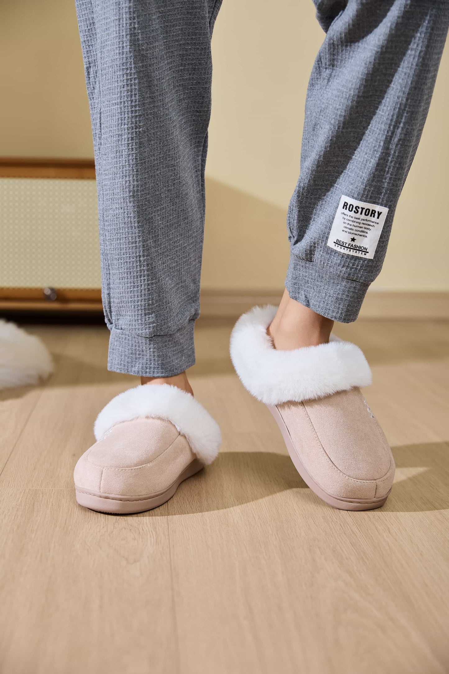 Fluff Trim Round Toe Flat Slippers Dust Storm