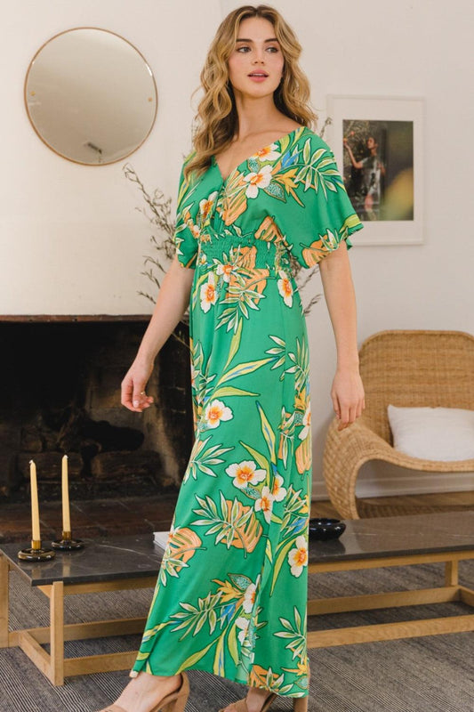 ODDI Full Size Floral Smocked Tied Back Maxi Dress Green Multi