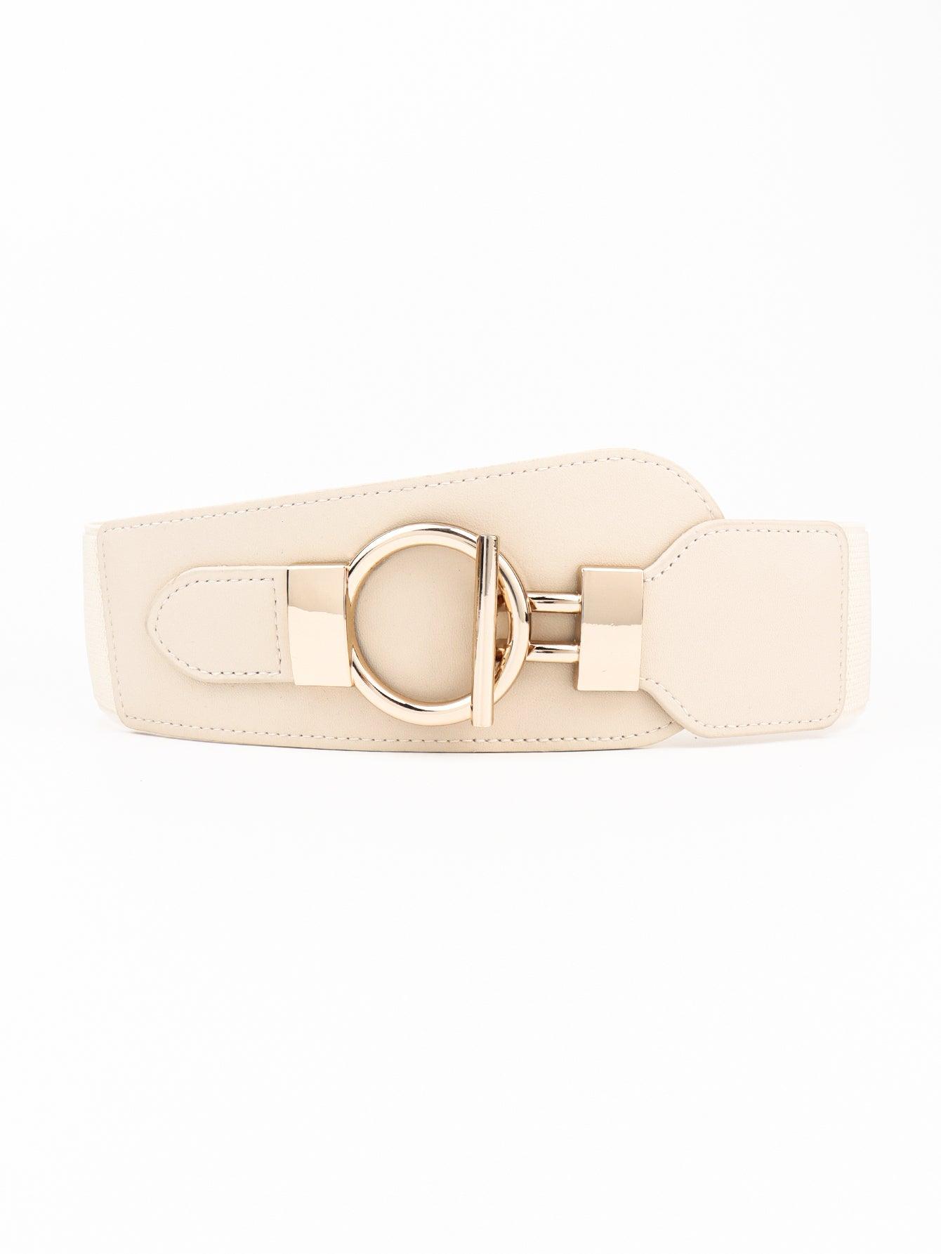 PU Elastic Wide Belt with Alloy Buckle Cream One Size