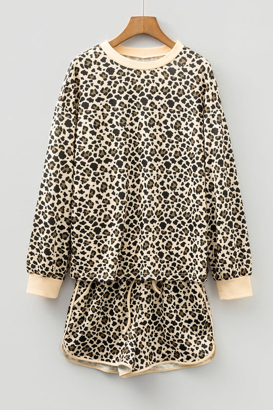 Leopard Contrast Trim Pullover and Drawstring Shorts Set