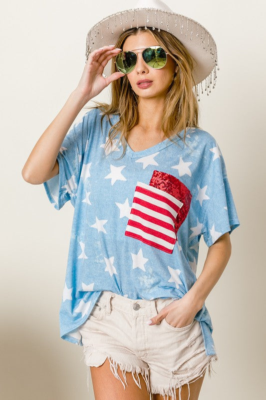 BiBi Star Print Sequin V-Neck Short Sleeve T-Shirt Pastel Blue
