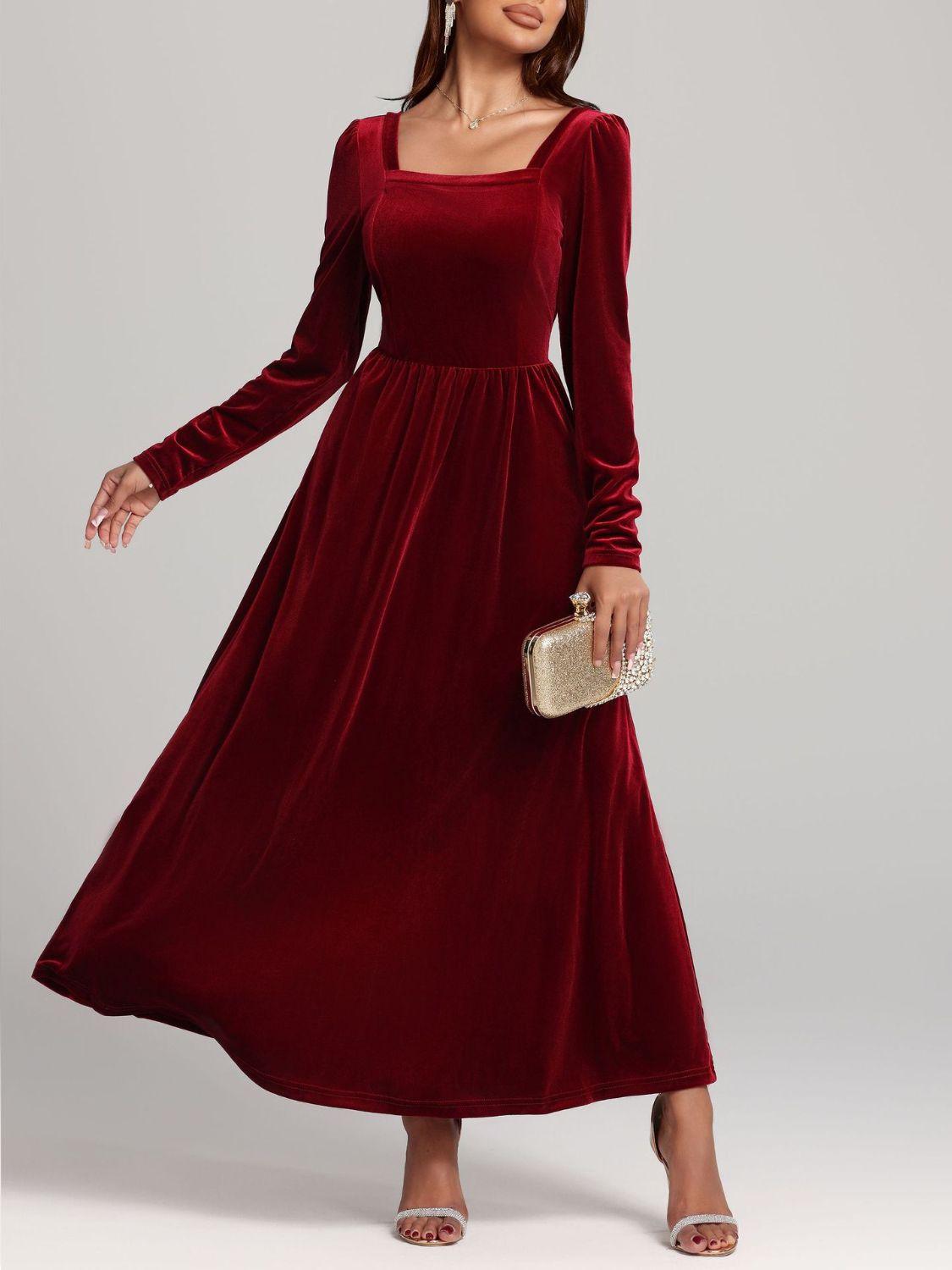 Velvet Square Neck Long Sleeve Dress Deep Red