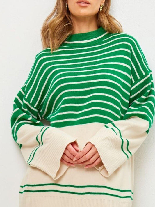 Striped Mock Neck Long Sleeve Sweater Green