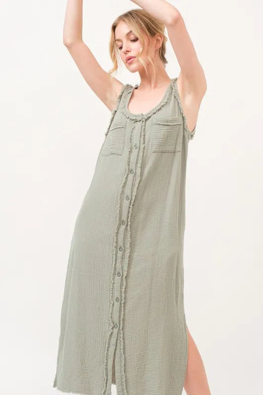 And The Why Washed Gauzed Patch Pocket Tank Midi Dress Sage