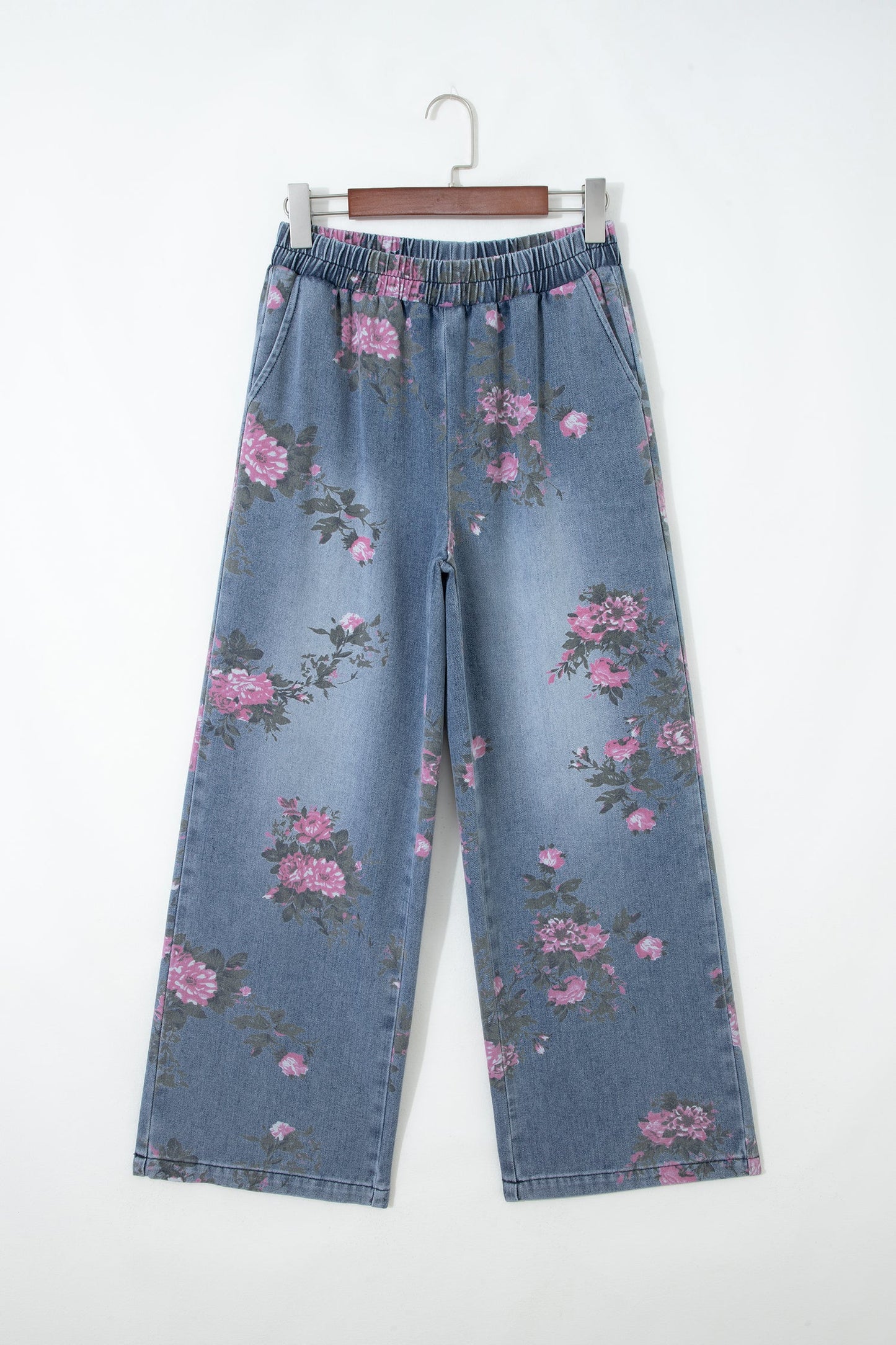 Floral Denim Elastic Waist Straight Leg Jeans