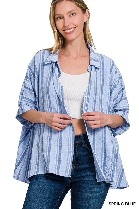 Zenana Woven Yarn-Dye Stripe Oversized Button Down Shirt SPRING BLUE