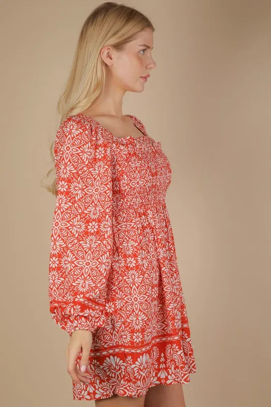 VERY J Printed Smocked Chest Boho Mini Dress