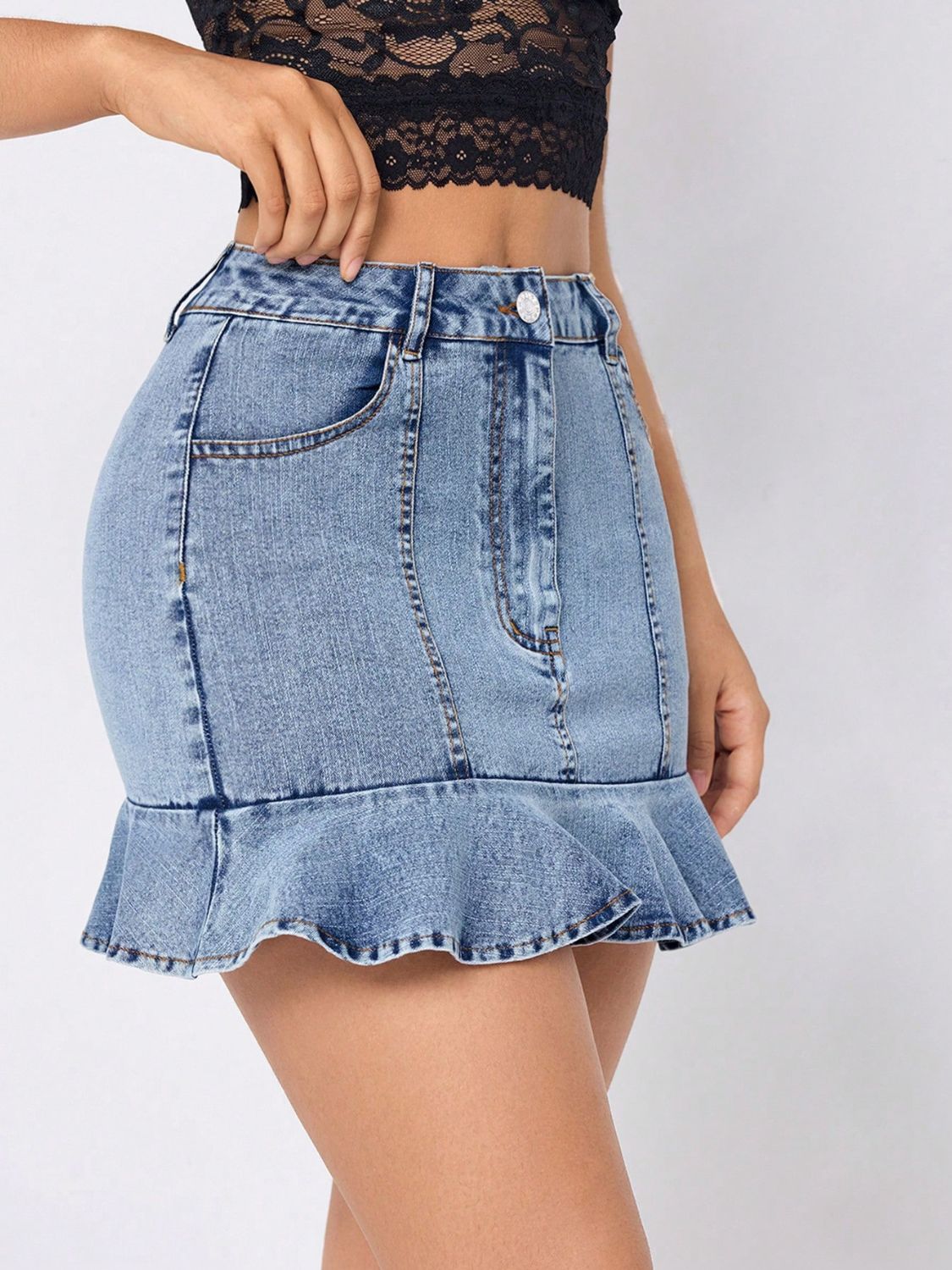 Ruffled Hem Denim Mini Skirt