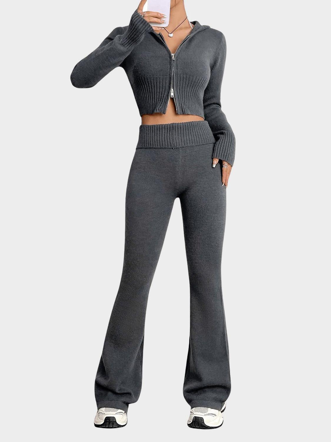 Zip Up Hooded Top and Flare Pants Sweater Set Dark Gray One Size