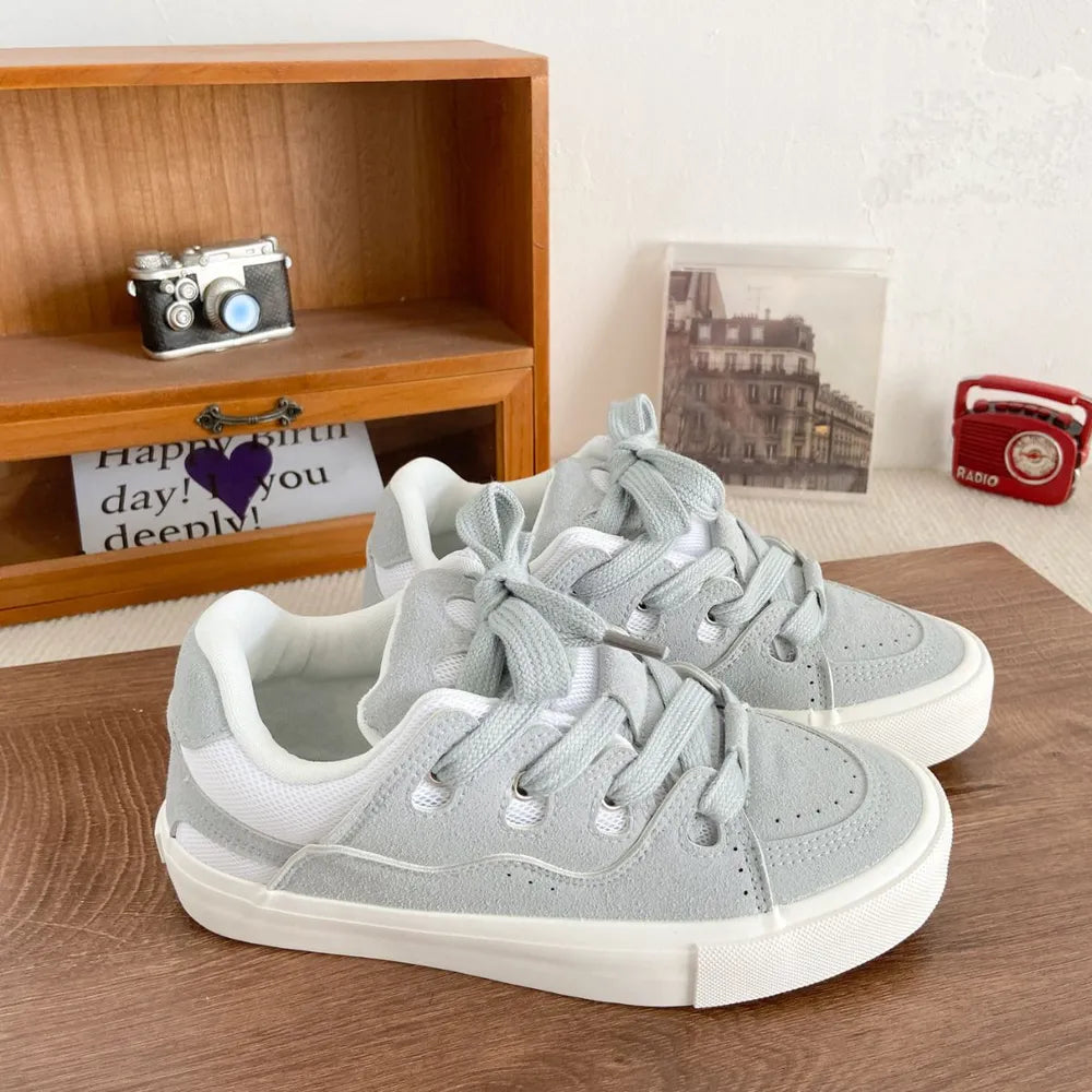 Contrast Lace Up Round Toe Flats Sneakers Light Gray